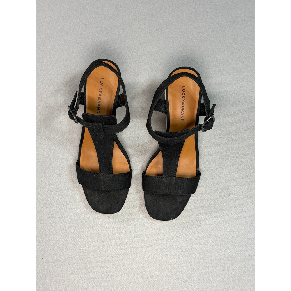 Lucky Brand Millinda‎ T-Strap Espadrille Wedge Sandals Womens Black 7.5 Boho - Picture 4 of 7